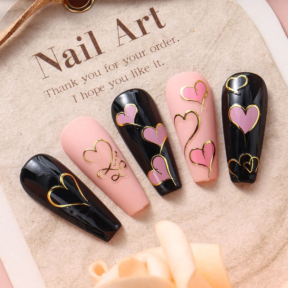 3 قطعة Y2K الذهب موجة خط القلب الشارات ثلاثية الأبعاد الأحمر الوردي الذهبي الحب تصميم ملصقات الأظافر لاصق عيد الحب الحلو مسمار مانيكير المنزلق