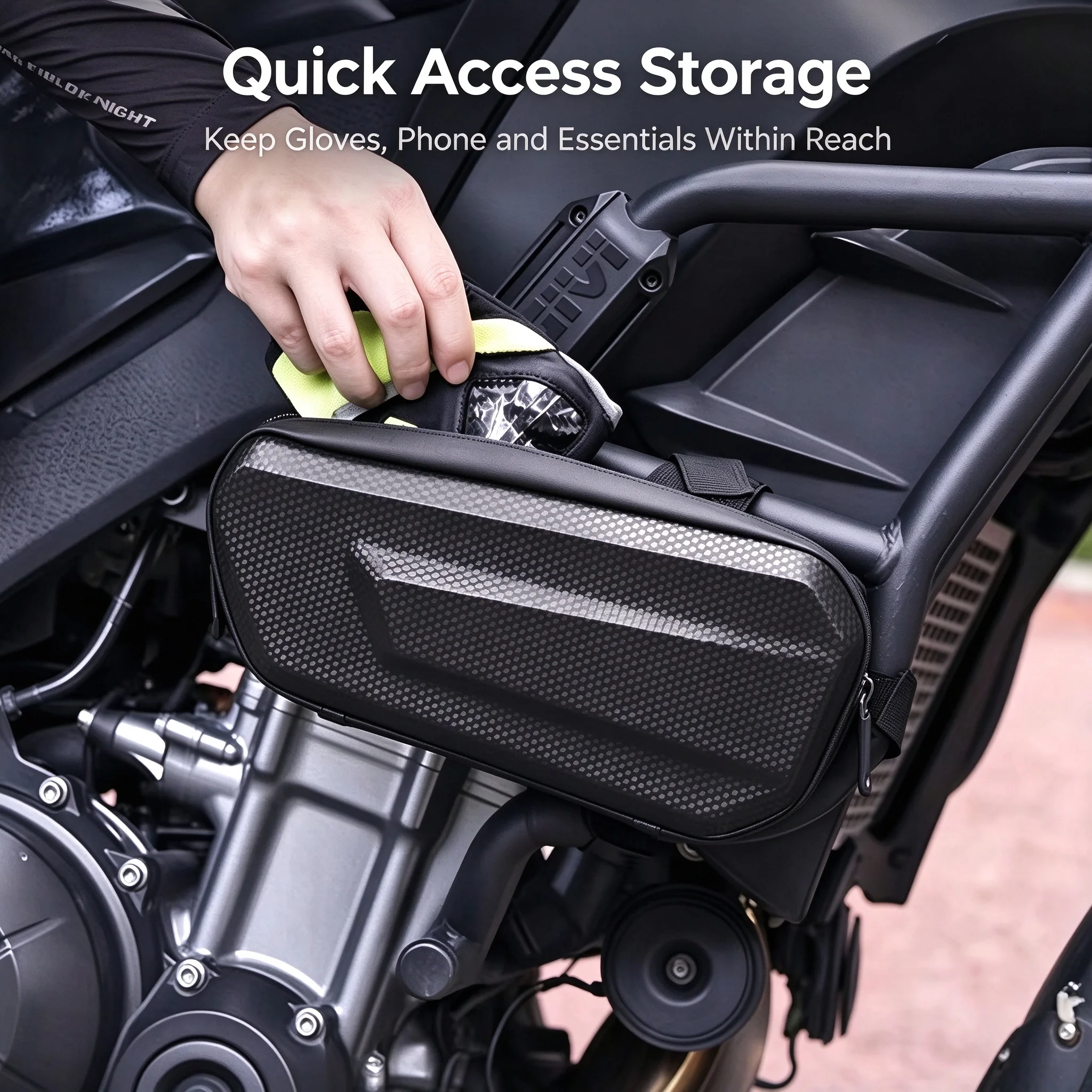Motorcycle Side Bag with Carbon Fiber Pattern | EVA Molded Hard Case, Splash-Proof & Contoured Zipper Design