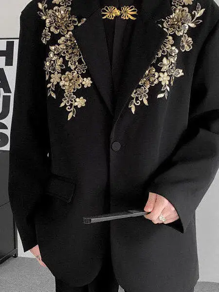 

New Chinese Style Men's Embroidered Suit Loose Fit Wedding Casual Western Clothes Pure Polyester Fiber Anti-Wrinkle Process