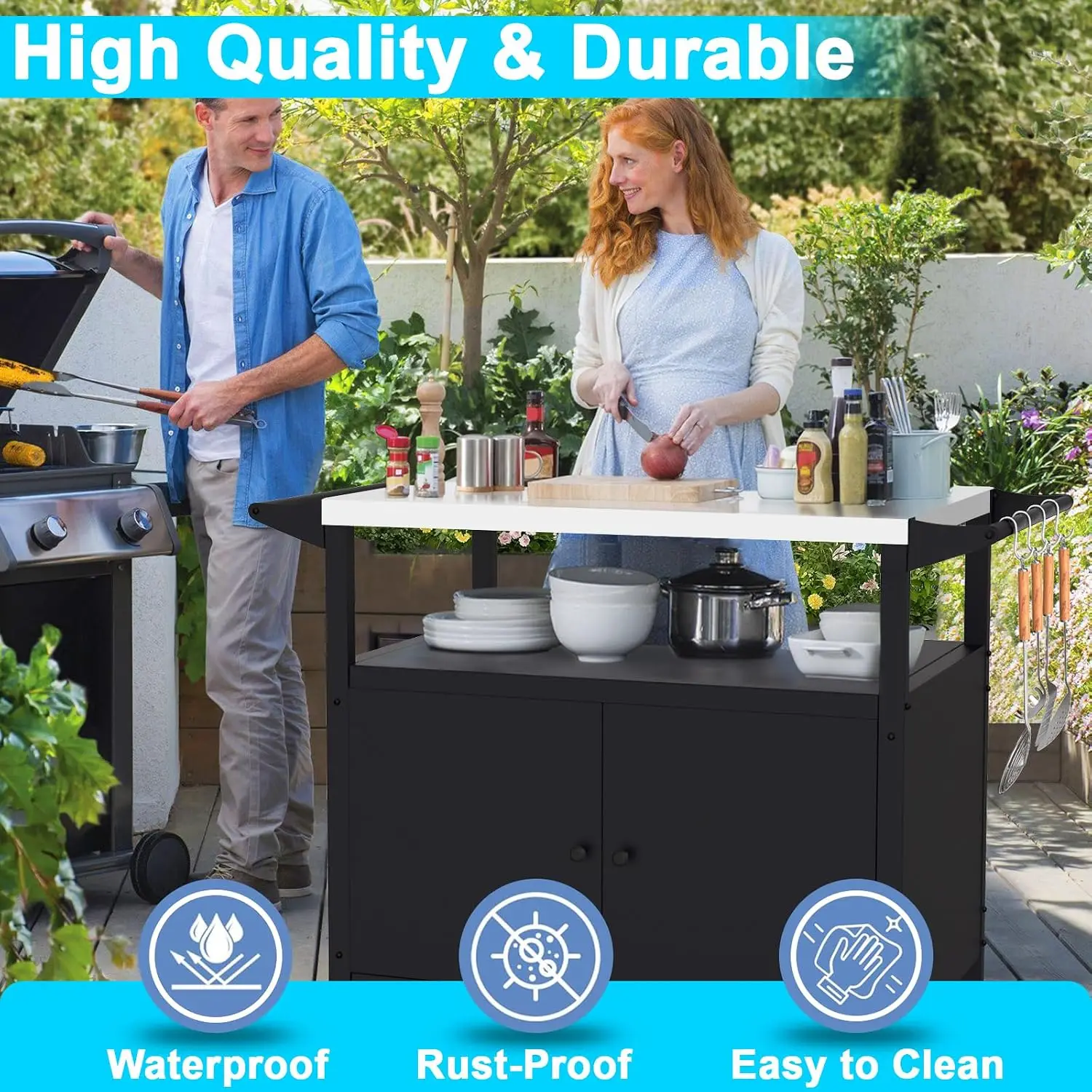Outdoor Grill Table Countertop Display Organizer Holder Storage Rack Frame Stainless Steel Movable BBQ Cart Prep Station Rolling Bar Serving Cart With Utensil Hooks Black view 2