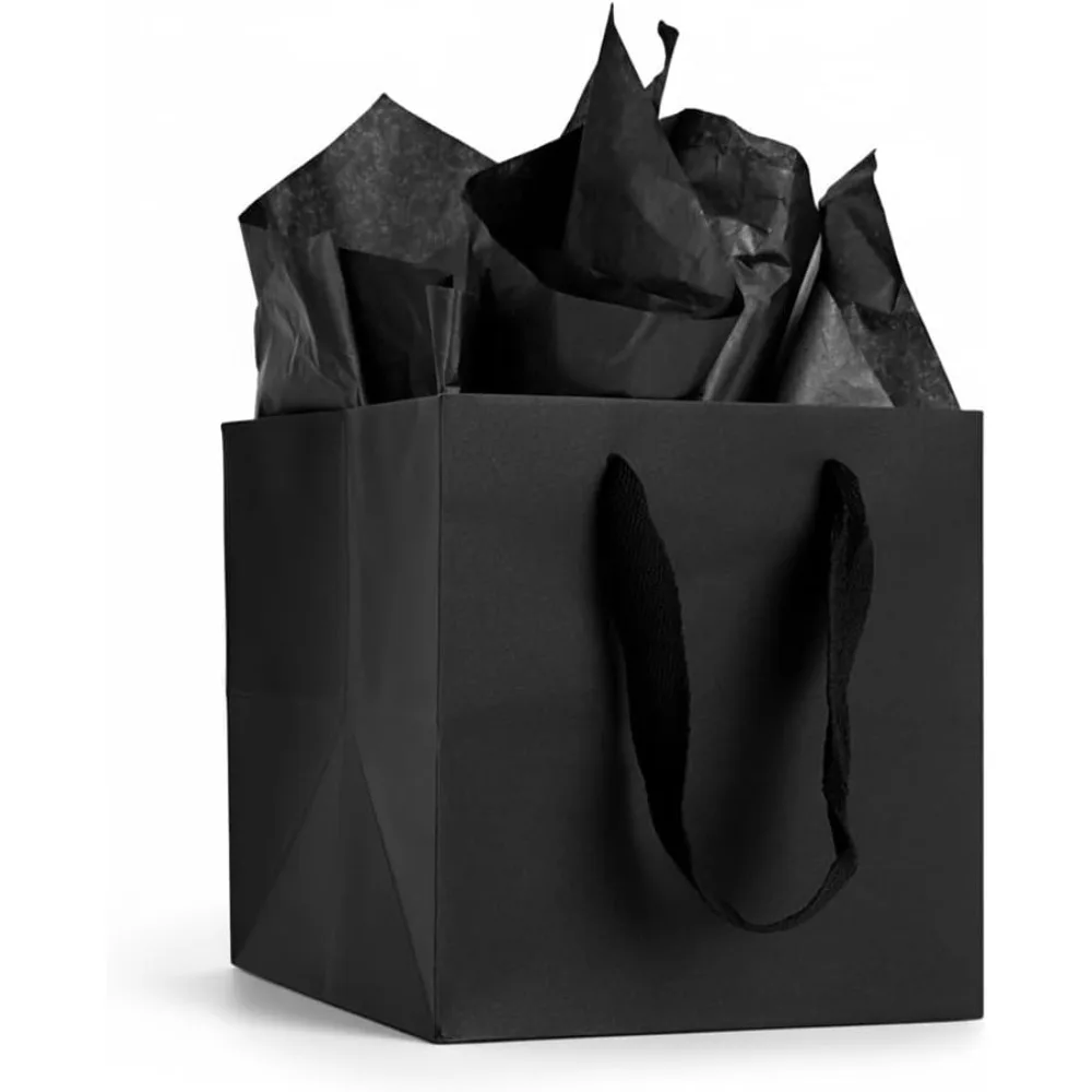 

2 Pack 10x10x10 In Black Gift Bags with Tissue Paper, Thick & Reusable Square Shopping Paper Bag with Ribbon Handle – for