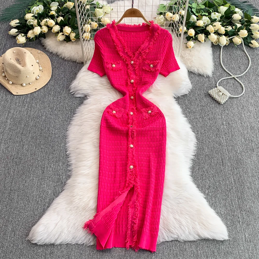 REALEFT Vintage Beadingปุ่มถักชุดสตรี 2025 ฤดูร้อนใหม่แขนสั้นVคอRuffles Single Breasted Wrap Dress