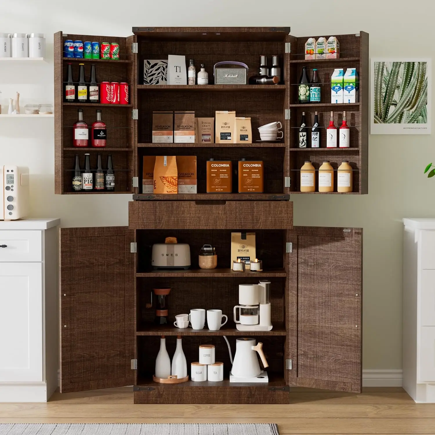 

72" Kitchen Pantry Storage Cabinet with Doors and Shelves, Wood Farmhouse Pantry Storage with Barn Doors for Kitchen,...