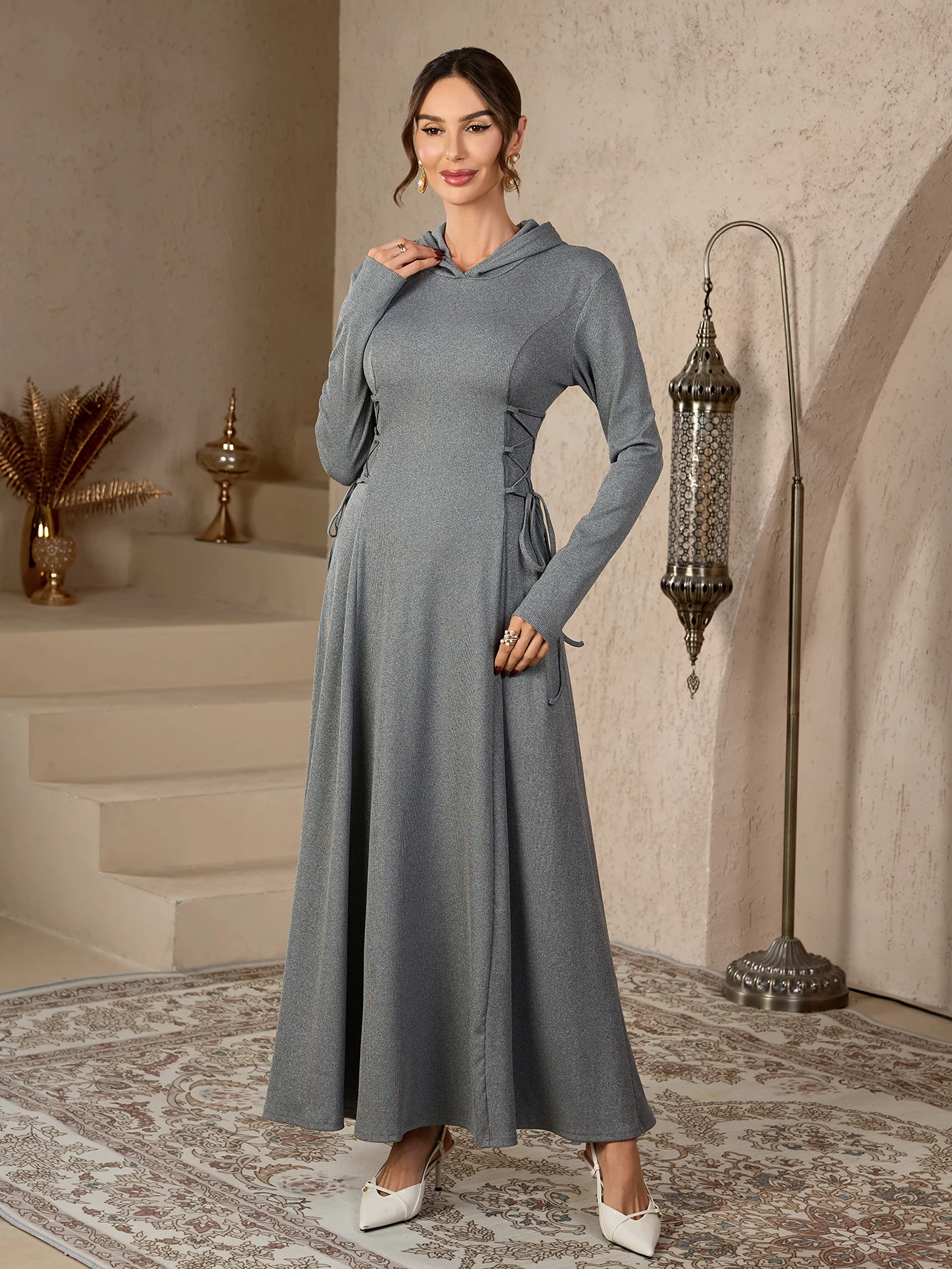

Gray Hooded Abaya With Side Lace-Up Detail Slim-Fit Maxi Dress Women Muslim Moroccan Kaftan Ramadan Jalabiya Islam Dubai Arabic