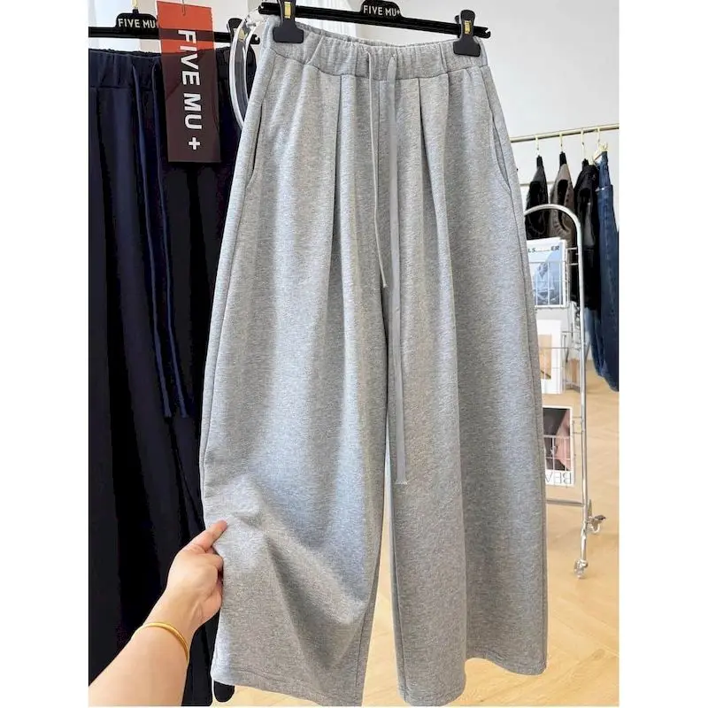 ワイドレッグパンツ女性用ソリッドヴィンテージ原宿韓国スタイル弾性ウエストズボン女性服ルーズカジュアルだぶだぶのスウェットパンツ