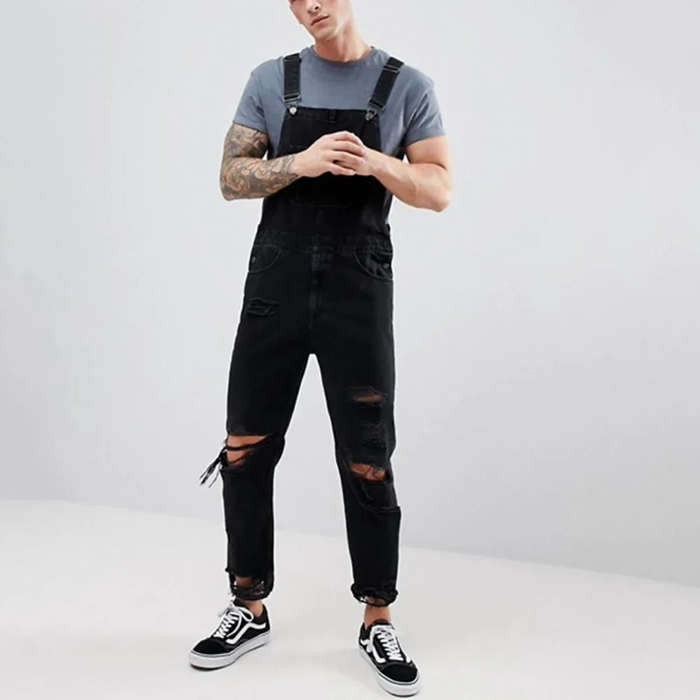 Men Jeans Ankle Length Holes Distressed Denim Overalls Pencil Pants Pockets One Piece Mid Waist High Street Spliced jumpsuit