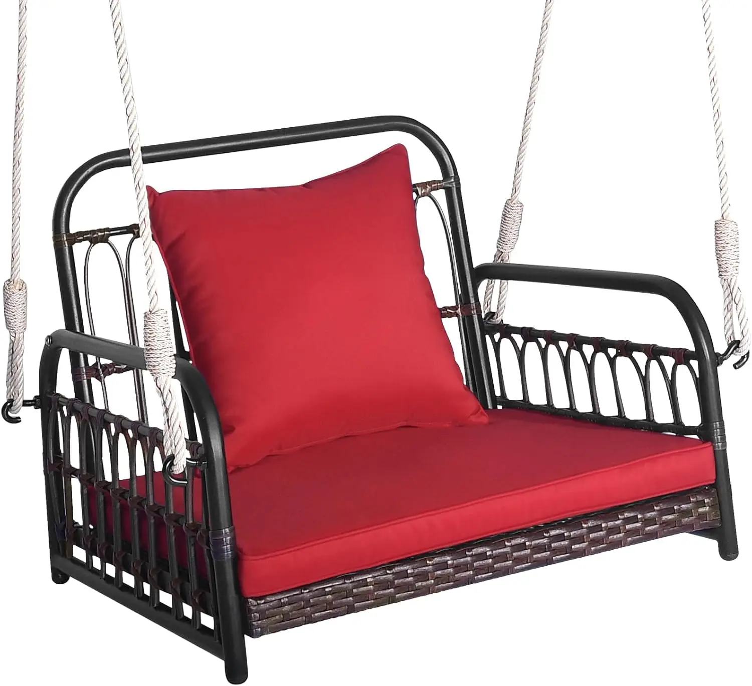 

Single Person Outdoor Hanging Seat w/Back Cushion & Seat Cushion, Ropes, Porch PE Wicker Swing, Perfect for Garden, Deck