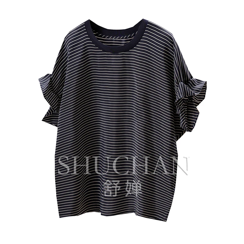 

New Exquisite Commuting Luxury Designer Striped Silk Bud Sleeve Shirt Women 04E2 Blusas Mujer De Moda Verano