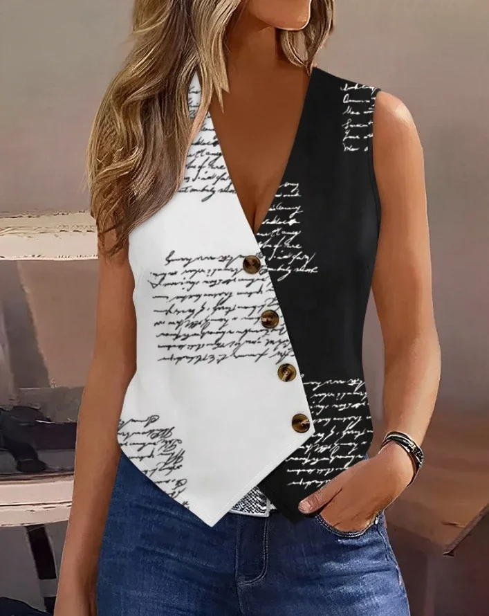 

Sexy Elegant Vest Women Streetwear Colorblock Buttoned V-Neck Vest Top New Fashion 2024 Summer Casual T-Shirt Pullover Tops