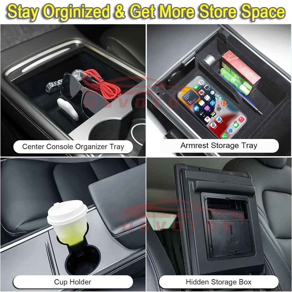 Center Console Trays for Tesla Model Y Organizer Accessories Under Seat Storage Box Armrest Hidden Bins Cup Holder Car Trash Can