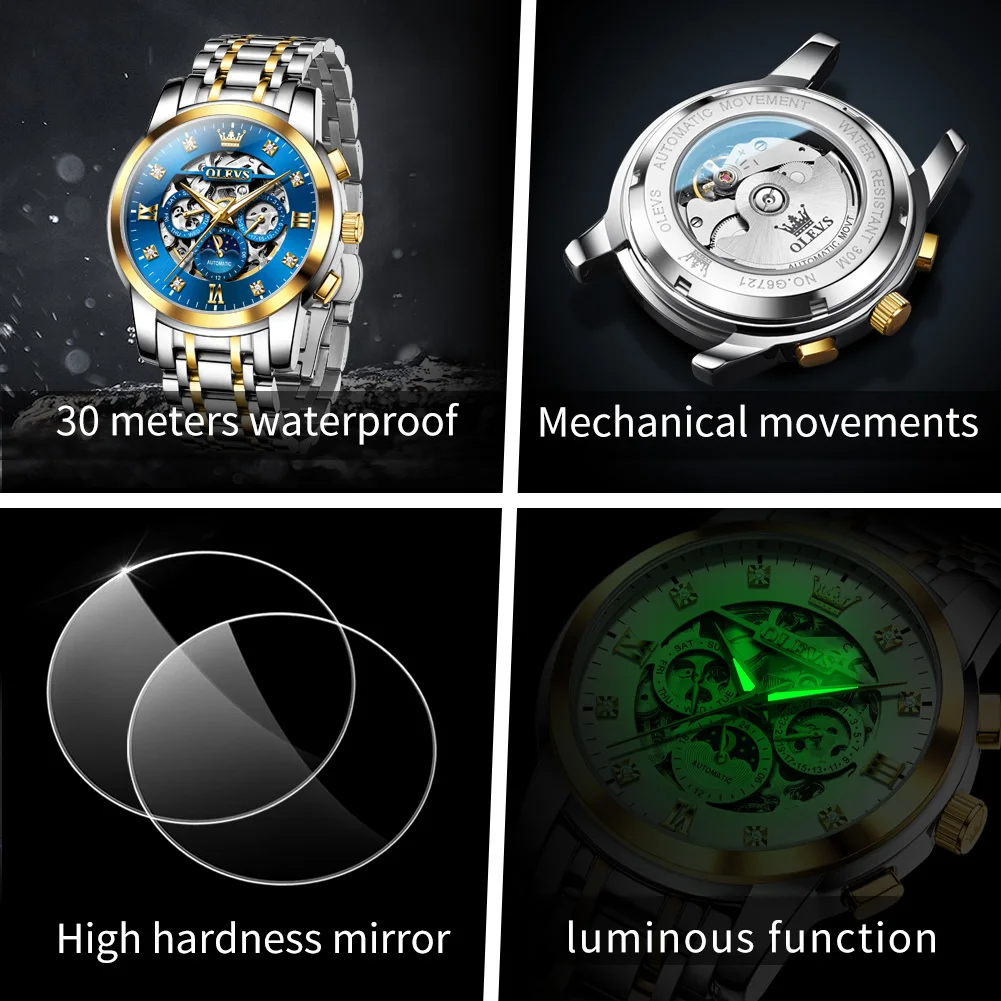 OLEVS 6721 ساعة رجالية فاخرة أصلية ساعة ميكانيكية أوتوماتيكية مقاومة للماء مضيئة مرحلة القمر ساعة مجوفة للرجال ساعة أصلية