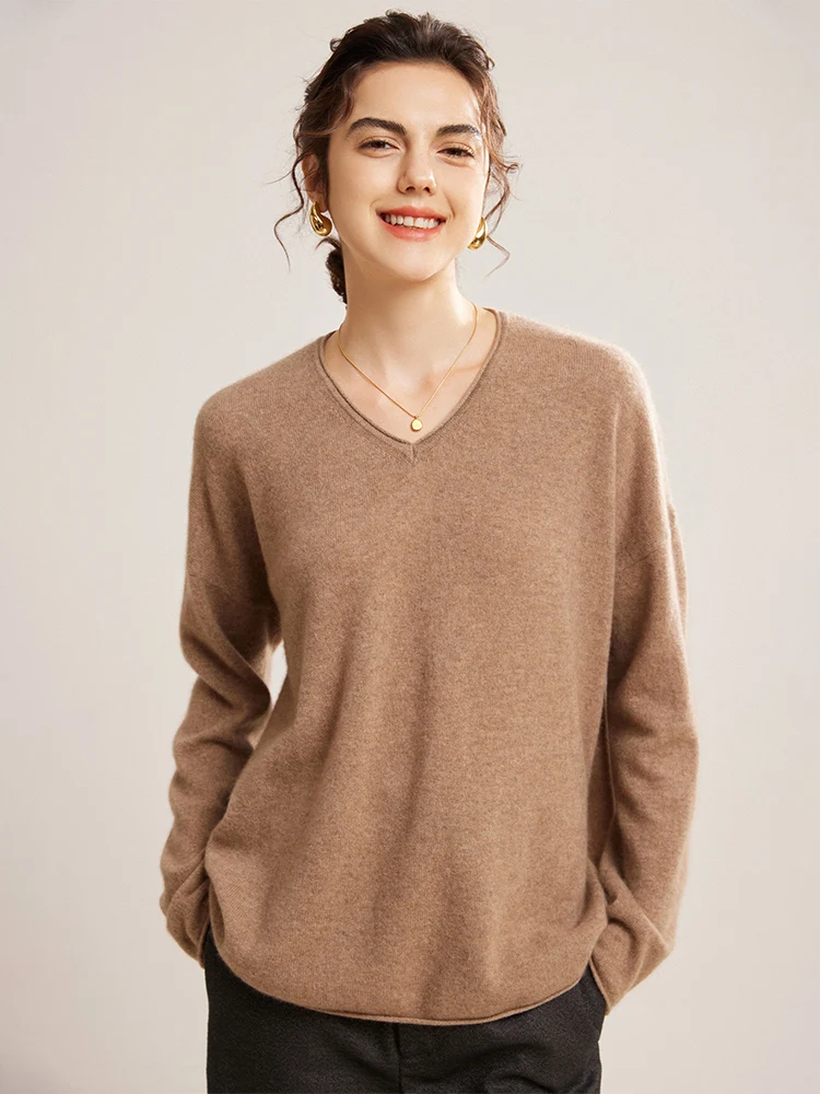 

High-End 100% Pure Goat Cashmere Sweater Women's V-Neck Knit Pullover Casual Large Size Long Sleeve Tops Autumn Cashmere Jacket