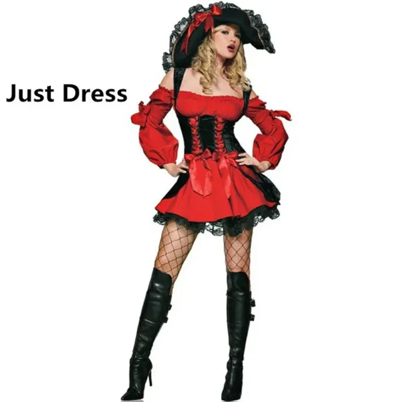 Woman Caribbean Pirate Costume Dress Girls Female Hat Party Cosplay Costume Clothes Halloween Role-playing Dresses EA3748