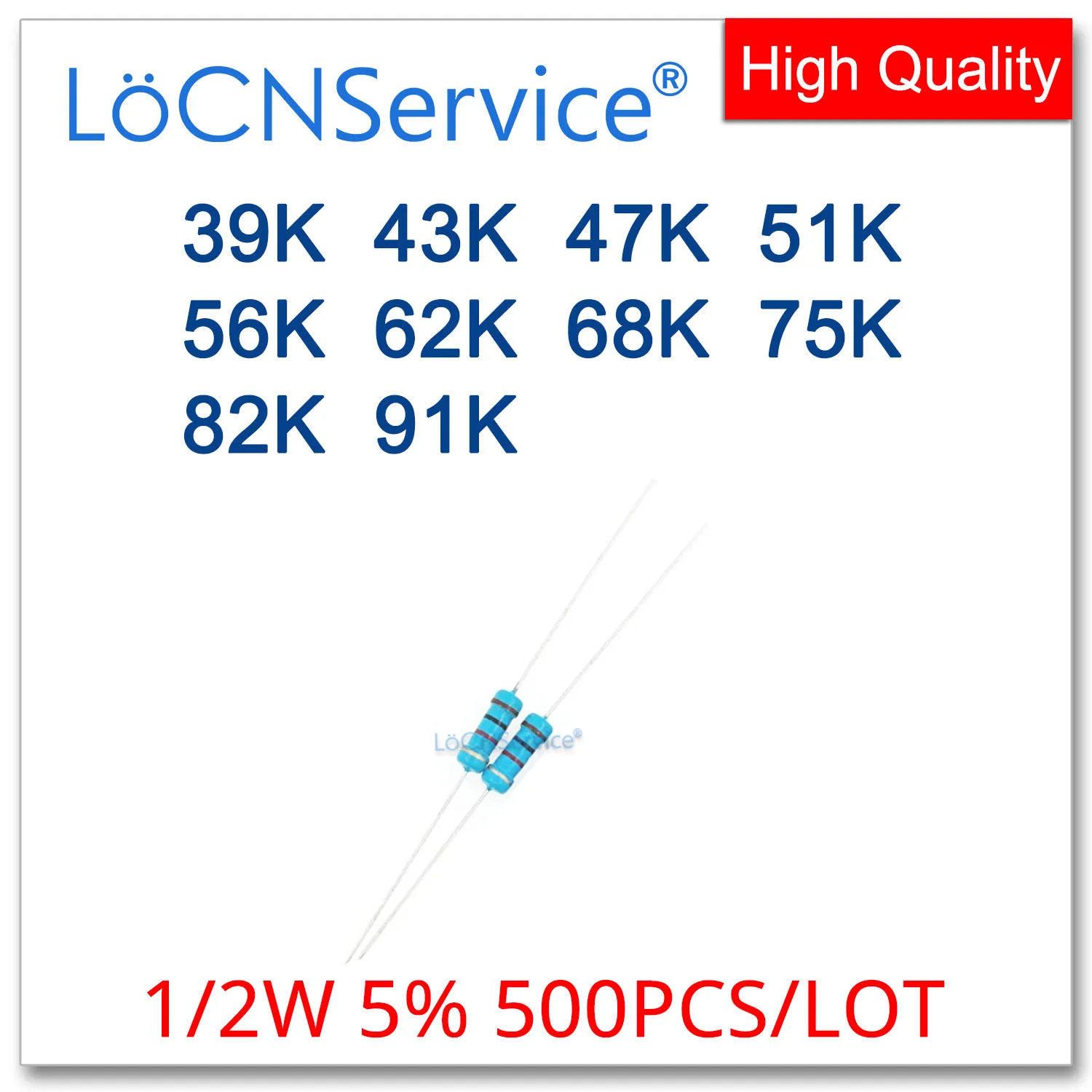 

LoCNService 500PCS/LOT 5% 1/2W 39K 43K 47K 51K 56K 62K 68K 75K 82K 91K Carbon Film Resistor DIP OHM