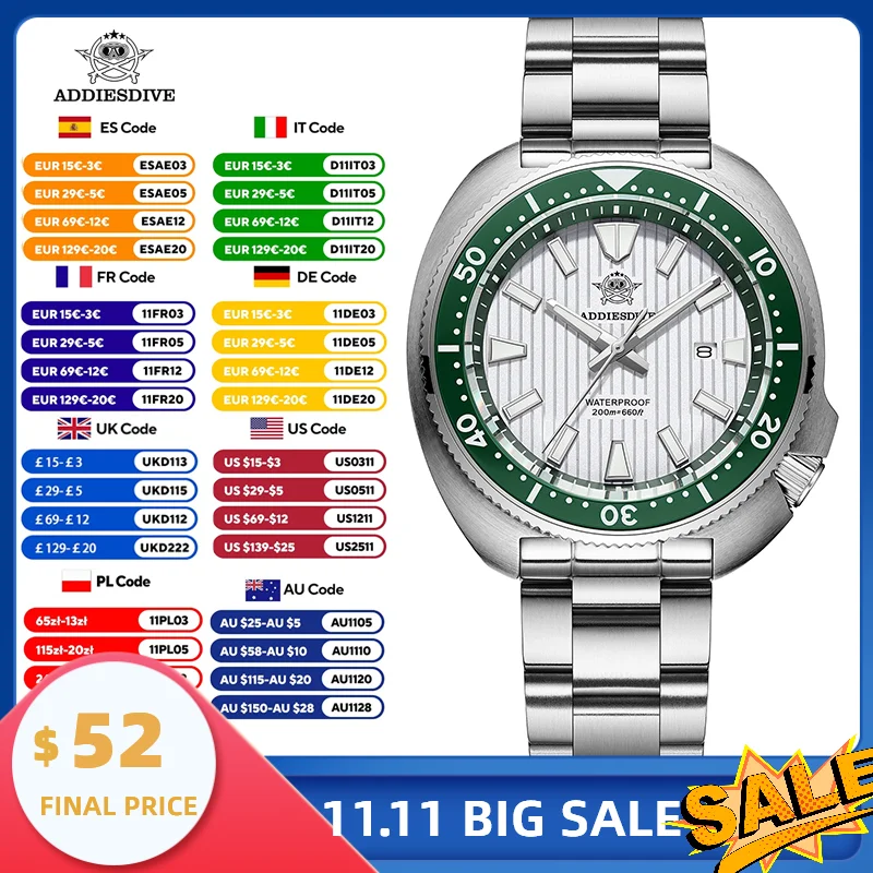 ADDIESDIVE AD2507 Men's Diving Watch Ceramic Bezel BGW9 Luminous 200m Waterproof Japanese Quartz Stainless Steel Sapphire Crysta