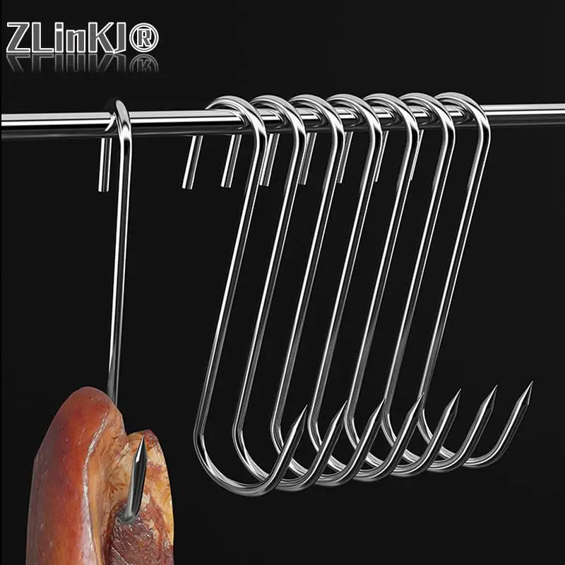 10Pcs Stainless Steel S Hooks with Sharp Tip Butcher Meat Hook Tool for Hot and Cold Smoking Sausage Grill Duck Hanging Hooks