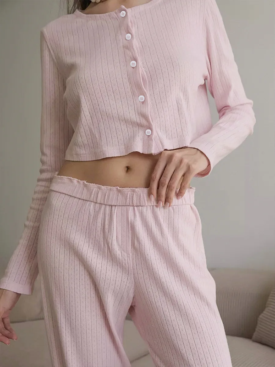 Muzuleva Knitted Hollow Pajamas Set Autumn New Cardigan Long Sleeved Pants Casual Home Wear Women\'s comfortable Sleepwear Suits