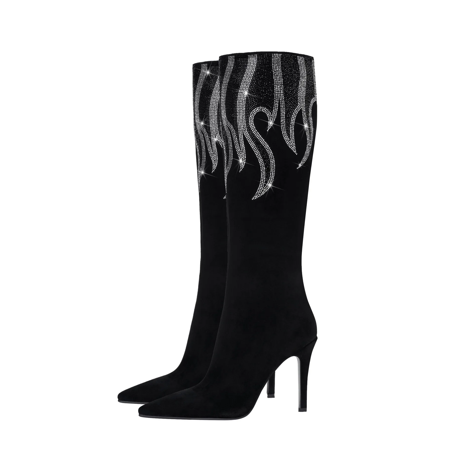 Fashion Woman Crystal Fire Print Stilettos High Heel Knee High Boots Pointed Toe Side Zipper Lady Party Long Boots