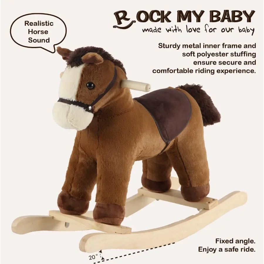 Rocking Horse Dark Brown Horse Rocker for Toddlers 18M+ Plush Ride on Horse Toy with Realistic Sound Soft Stuffed Filling CPC C