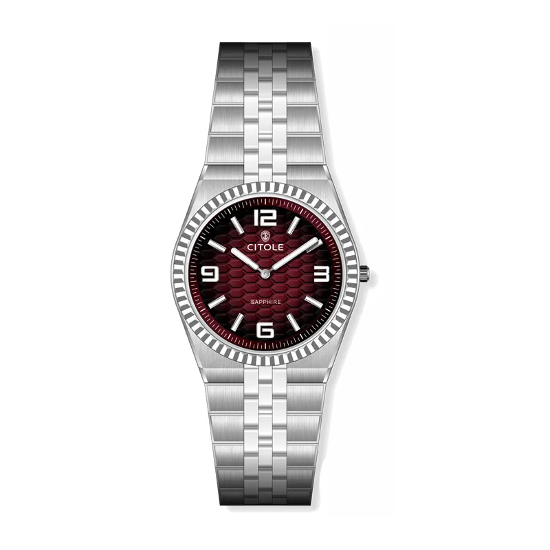 Burgunderrote Farben, die den Street-Style aufmerksam machen, ein Blickfang, die ich wirklich liebe: CITOLE-UHR, ein Schmuckstück an Ihrem Handgelenk, ikonische, robuste Uhren.
