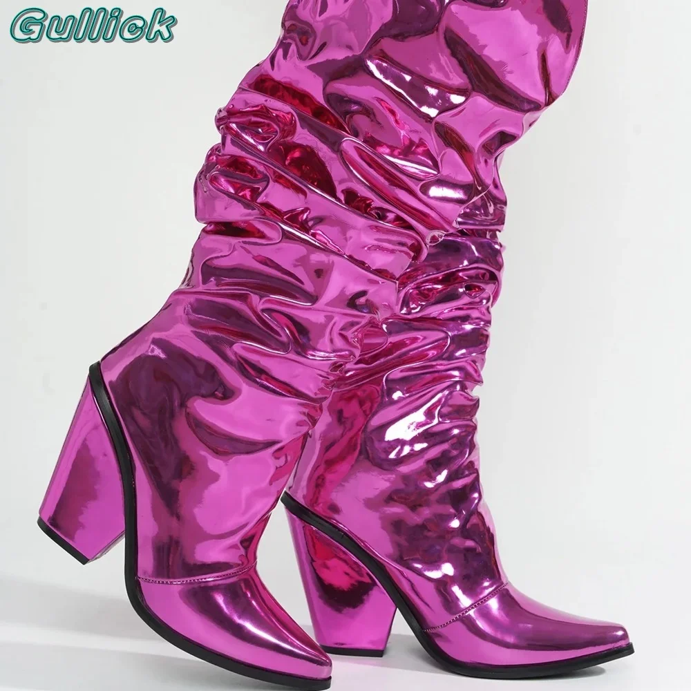 Gullick Rose Red Metallic Boots scarpe a punta tacchi alti tacchi a blocchi di colore solido Sexy Mid comode scarpe da donna primavera autunno