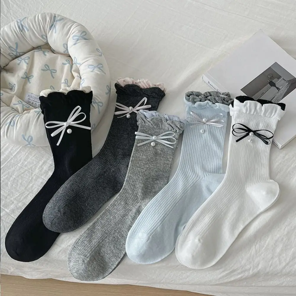 

5Pairs Cute Ruffle Bowknot Pearl Socks Ins Style Breathable Mid Tube Socks Female Hosiery Thin Sweet Socks Women Streetwear
