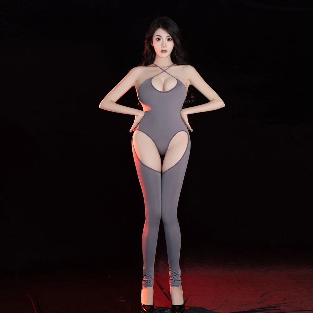Ausgehöhlte sexy Damen-Overalls, ölglänzend, hochelastischer Body, ärmellos, rückenfrei, formend, einteilige Strumpfhosen, Dienstmädchen-Trikot