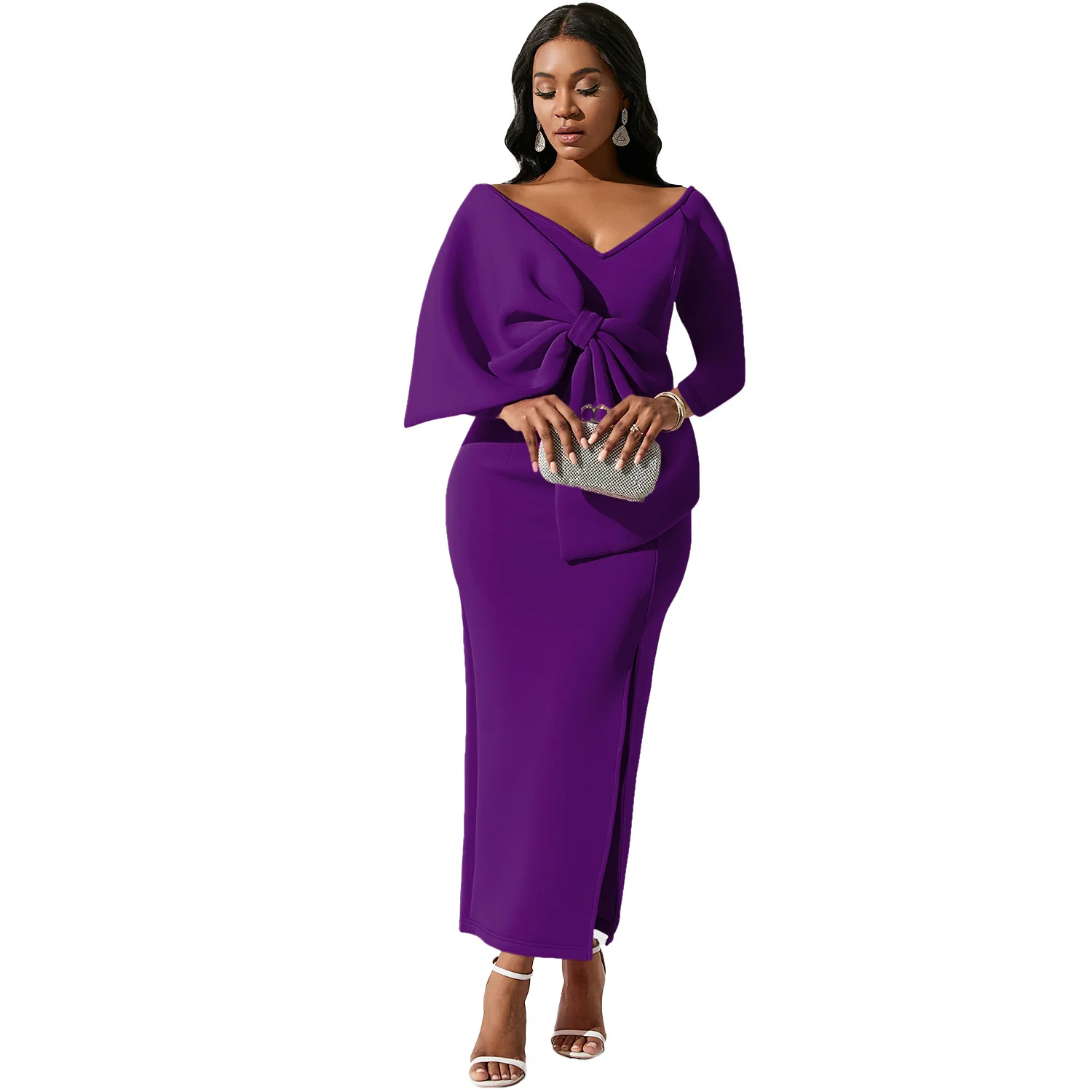 African Party Evening Dresses for Women Autumn Elegant Long Sleeve V-neck White Purple Long Bodycon Dress African Clothing S-3XL