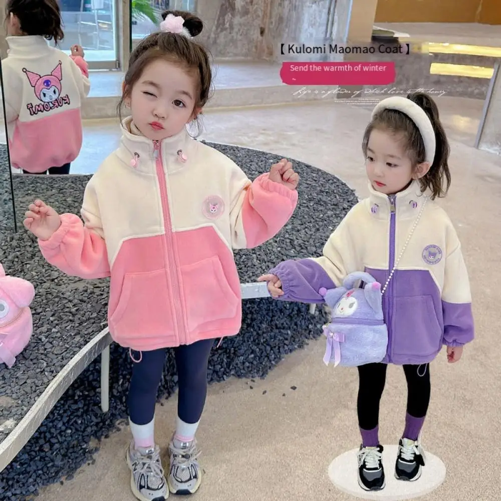 Kawaii Sanrio Kuromi Girls Coat Cartoon Thickened Thermal Top Kids Autumn Winter Casual Long Sleeve Jacket Children's Clothing