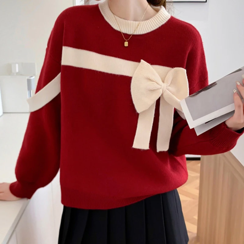 

Повседневный элегантный женский пуловер с бантом, декоративный стильный свитер с круглым воротником, свободный крой, универсальные вязаные топы с длинными рукавами