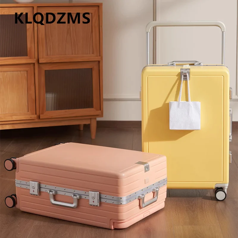 KLQDZMS ABS + PC حقيبة الألومنيوم الإطار الصعود صندوق المرأة حقيبة تروللي بعجلات طالب مزيج حالة 20 "22" 24 "26 بوصة المقصورة الأمتعة