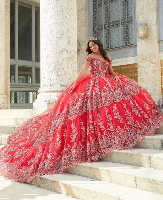 Luxe Red Quinceanera Dresses Sparkling Sequin Applique Boned Corset Cathedral Train Mexican Charro سعيد شارون فساتين سهره