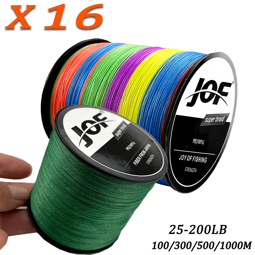 JOF 100-1000M 16Strands PE Braid Fishing Line X16 Super Strong 25-200LBS Hollowcore Multifilament Braid Carp Line 0.16mm-0.8mm