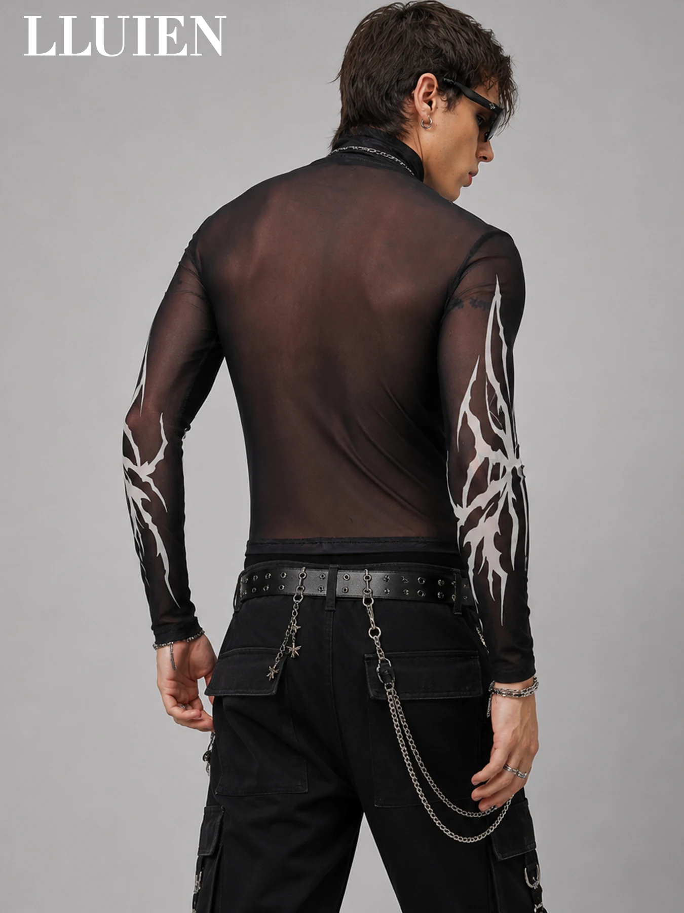LLUIEN 2026 Fashion Men's Crop Top T-shirt Long Sleeve Turtleneck Print Mesh Tee Shirts 100% Polyester Nightclub Tshirt for Men