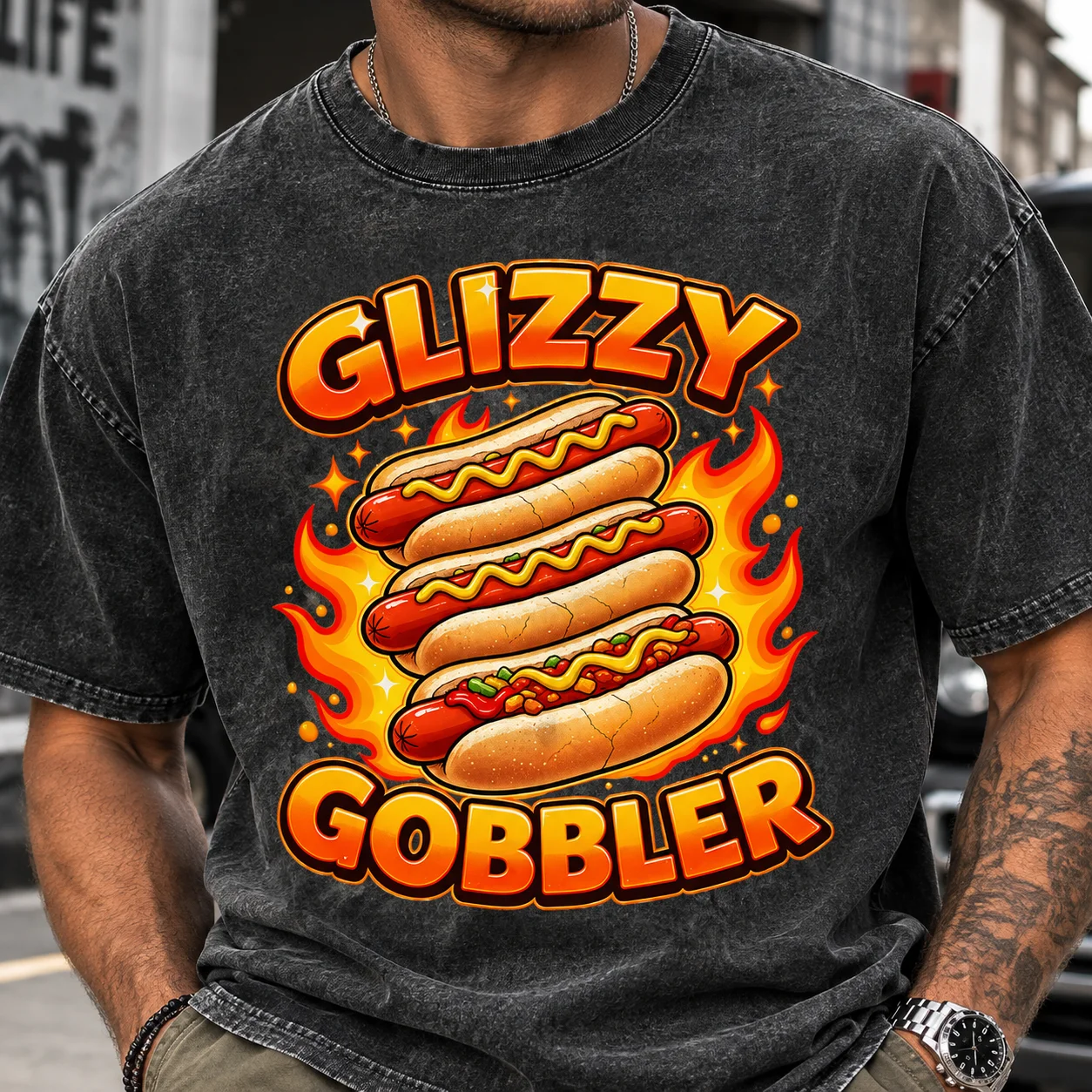 Men Vintage Washed Black Hot Dog Graphic T Shirt Glizzy Gobbler Funny Food Print Casual Short Sleeve Streetwear Top