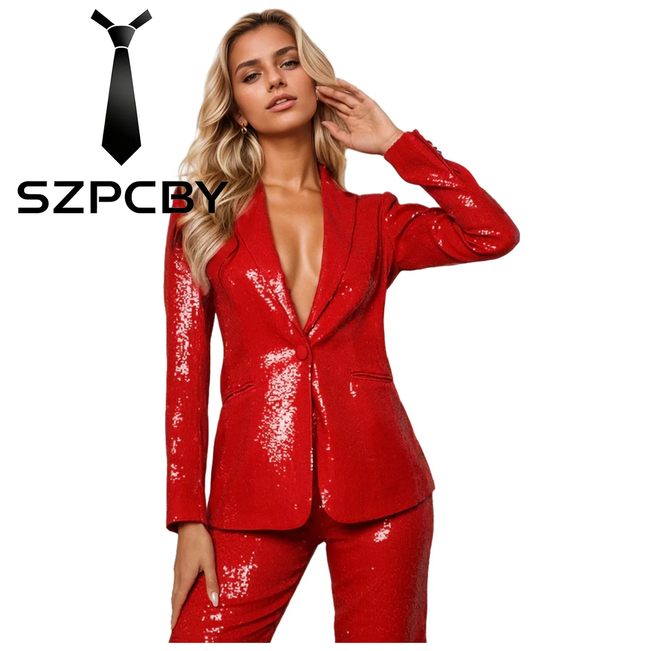 Women's Sequin 2 Piece Pant Suit Glitter Sparkly Shiny Club Night Tuxedo Outfit for Special Occasions