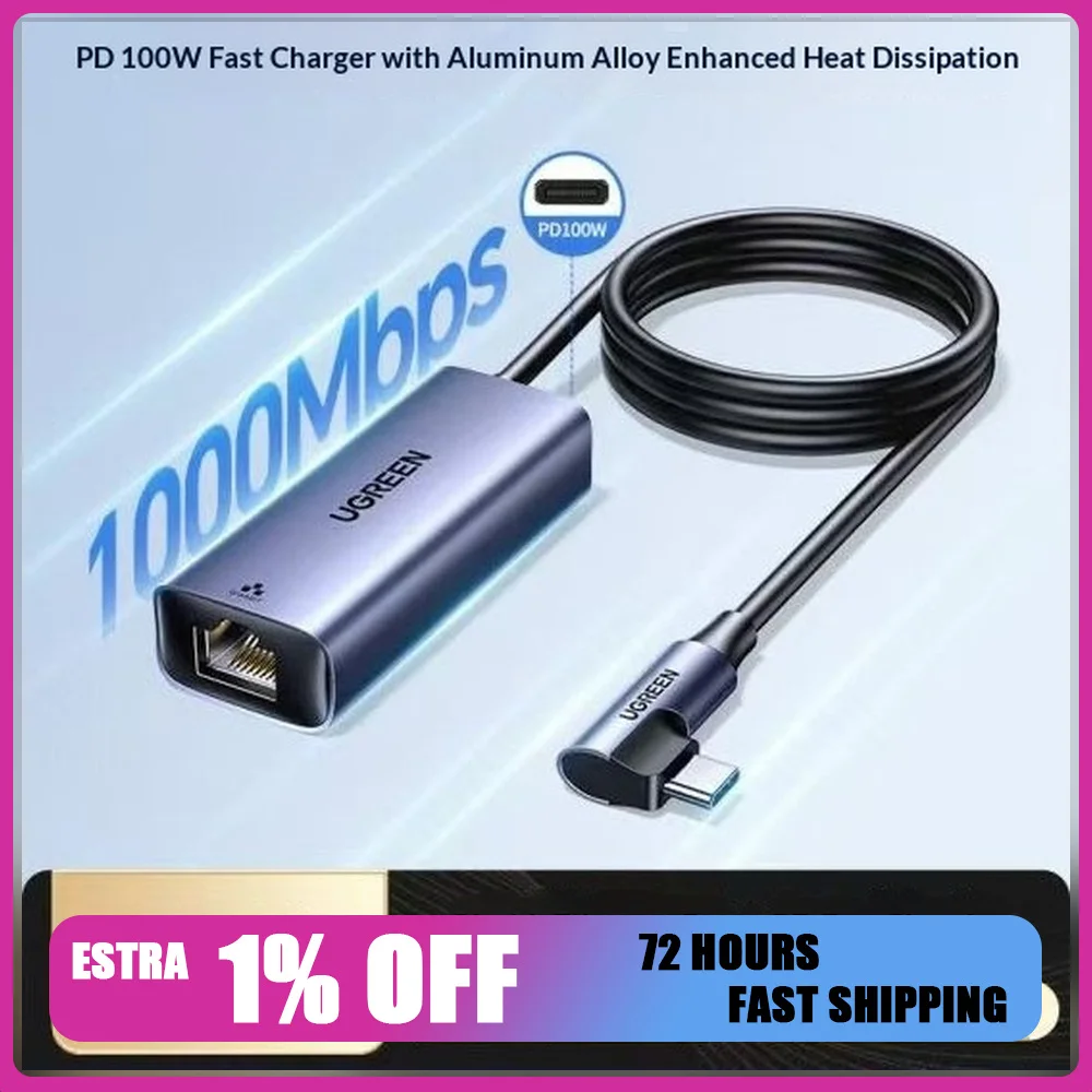 UGREEN CM255 65729 Right Angle USB C to Gigabit Ethernet Adapter RJ45 Network Adapter with 100W PD Charging for Phone Laptop