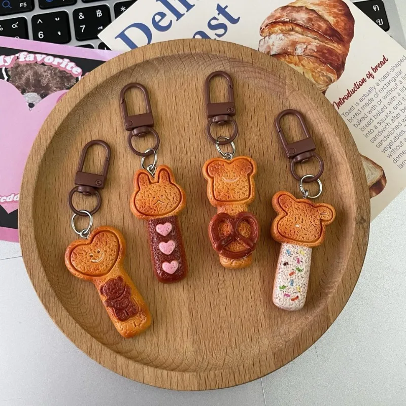 Fashion Cartoon Baking Cookie Keychain, Toast Bread Pendant Key Ring for Student Bag Decor