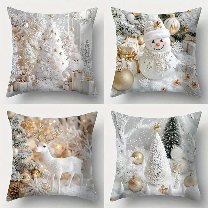 White & Gold Christmas Throw Pillow Covers, 2D Printed Santa Deer Snowman Tree Cushion Cases for Xmas Decor