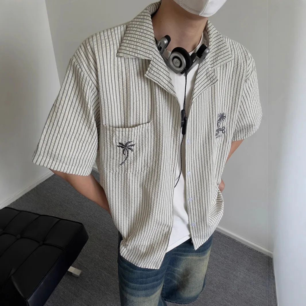 American Vintage Striped Shirt Men Embroidered Cuban Collar Short Sleeve Summer Textured Fabric Casual Top Beach Shirt Coat