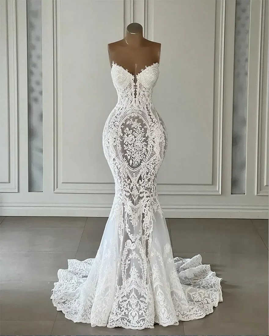فساتين زفاف حورية البحر من الدانتيل على شكل قلب مخصصة فساتين زفاف مزينة بالدانتيل فستان عروس فيستدوس دي نوفيا