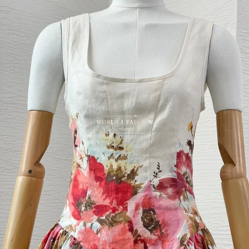 Lin 2025 été haute qualité nouveau sans manches blanc a-ligne découpé imprimé fleuri plis femmes Mini robe