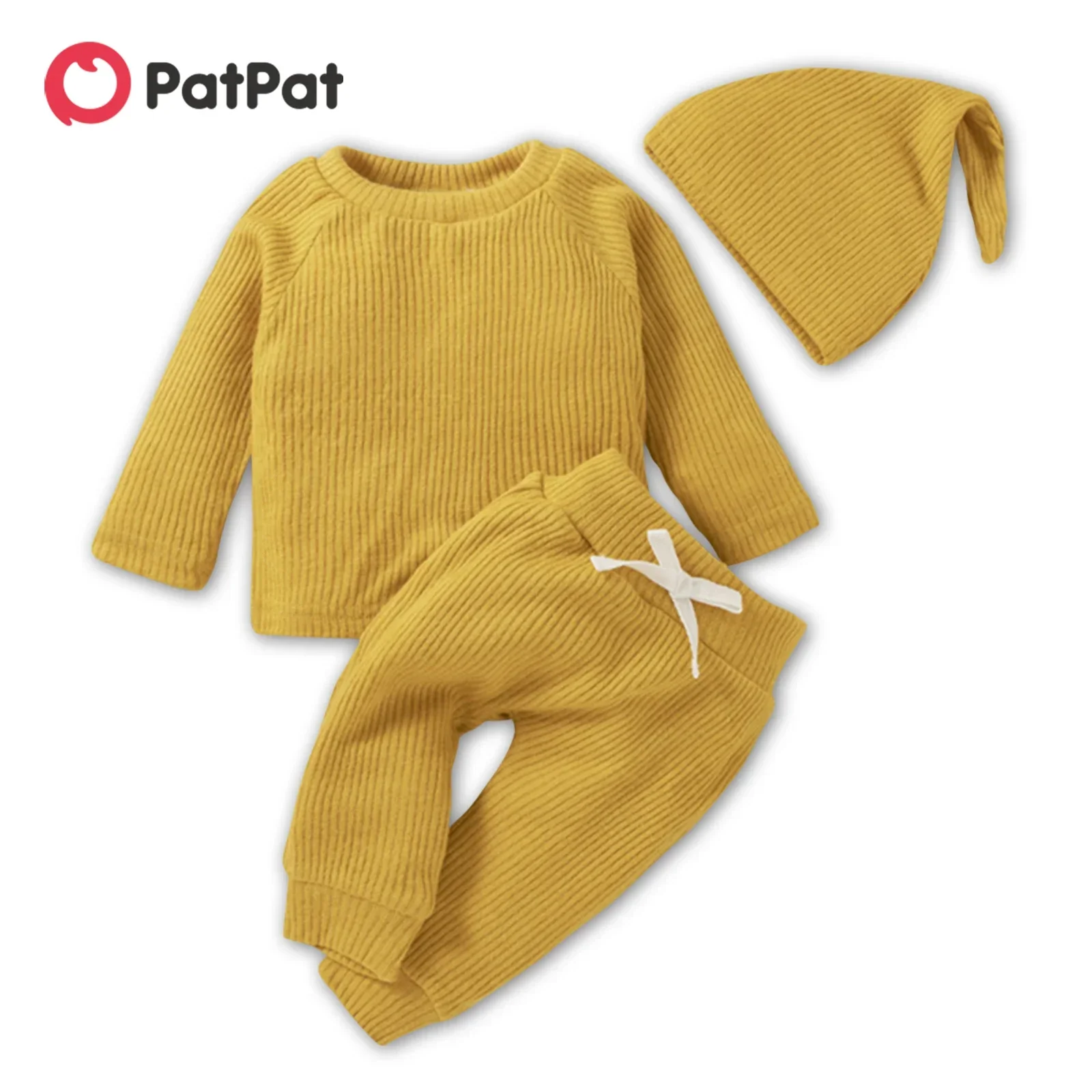 PatPat Baby Boy/Girl 3pcs Solid Ribbed Long-sleeve Pullover and Trouser Set Perfect for Outings and Daily Wear Basic Style