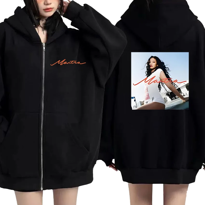 

2025 Korean Fashion JENNIE MANTRA Zip Up Hoodie Double Sided Print Double Sided Print Zipper Fleece Sweatshirt Unisex Jacket