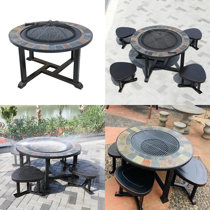 Outdoor Charcoal BBQ Grill Table with Chairs Patio Garden Tile Top Barbecue Station for Backyard Leisure Dining Set