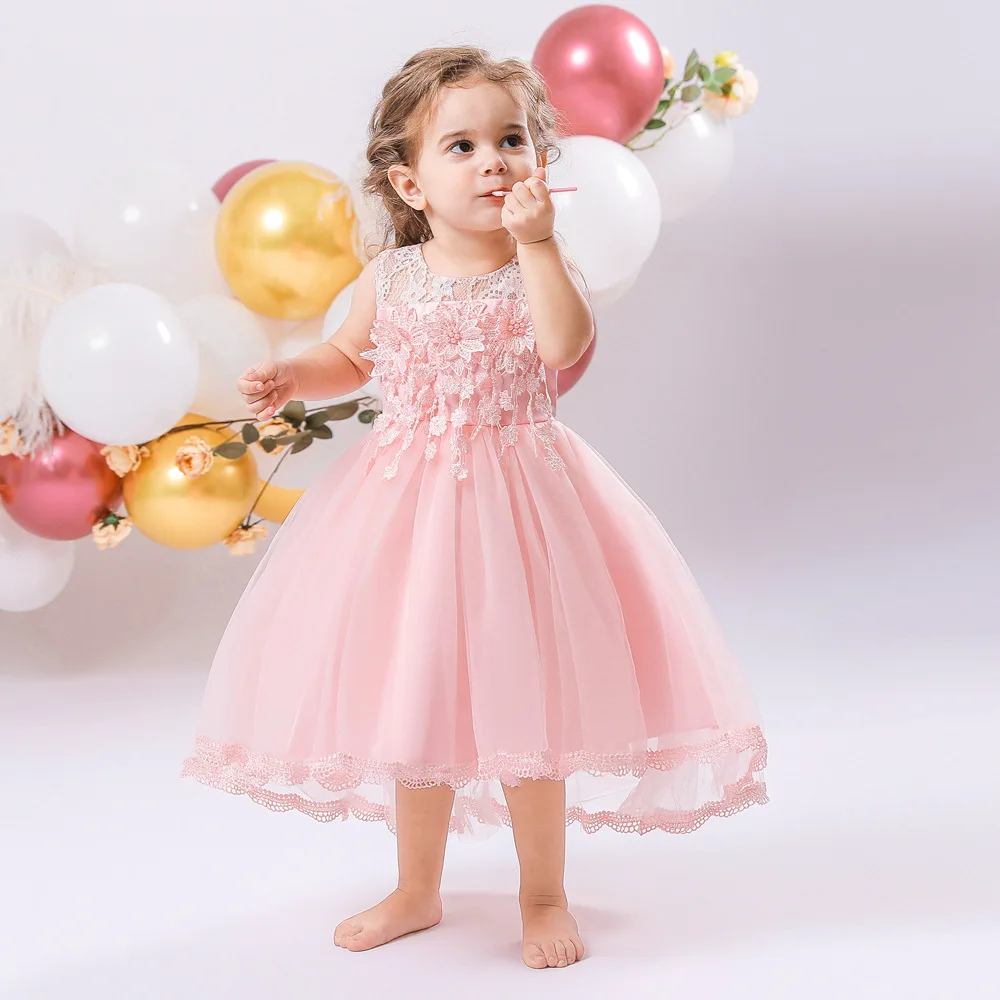 OVTRB Baby Infant Girls Birthday Party Wedding Princess Hi-lo Dress Toddler Applique Flower Tulle Tutu Evening Pageant Dresses