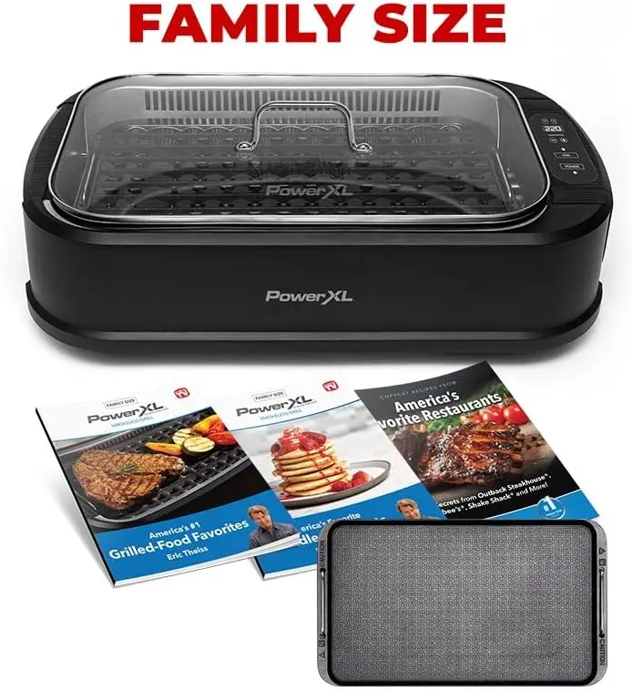 Smokeless Grill Family Size- with Tempered Glass Lid with Interchangeable Grill and Griddle Plate and Turbo Speed Smoke Extracto