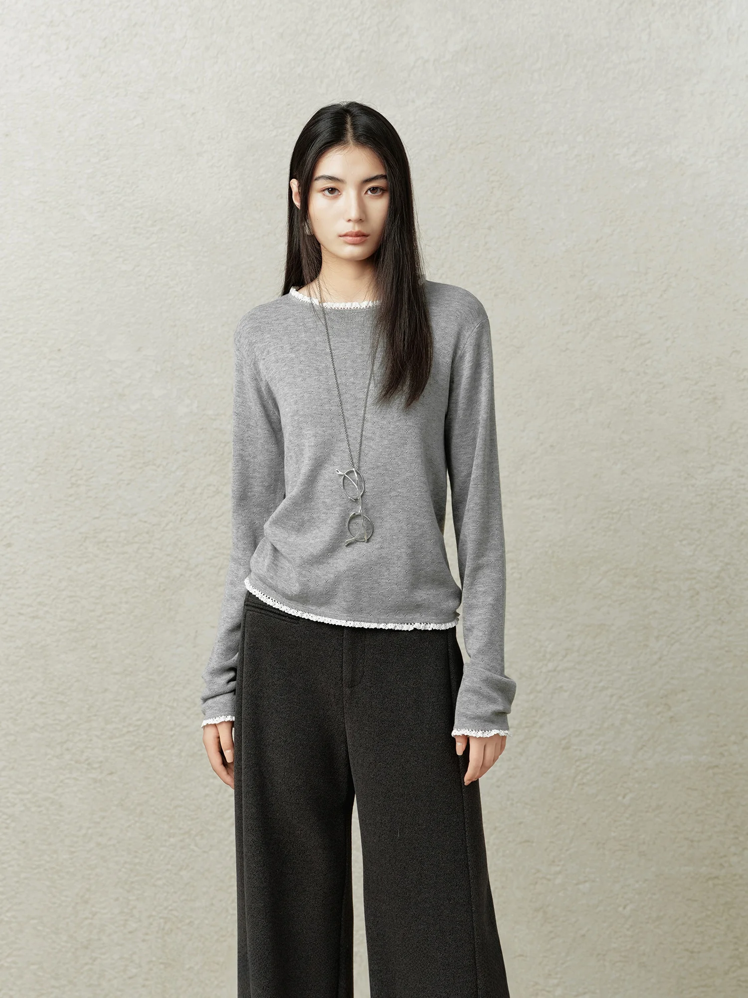 

Rise of the Small Lace Trim Wool Blend Knitwear Long Sve Women's Base Layer irt Inner Wear Winter Top Quali Fabric