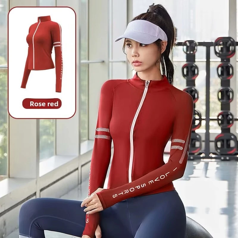 Women Half High Collar Zip Up Yoga Jacket Letter Print Thumb Hole Slim Fit Long Sleeve Gym Workout Athletic Outer Top