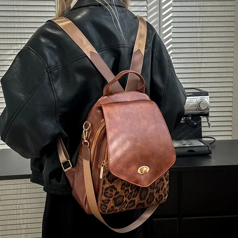 Retro Fashion Leopard Print PU Leather Design Preppy Style Lady Women Satchel Shoulders Backpack Bag Handle Travels Packsack Bag